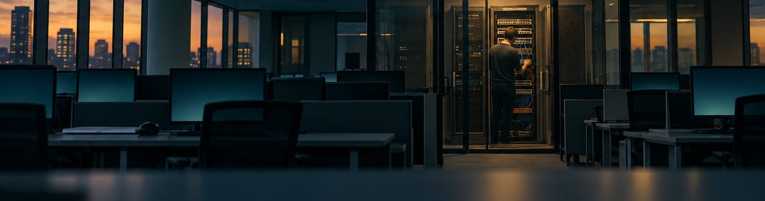 Инженер обслуживает сетевое оборудование в серверной офиса