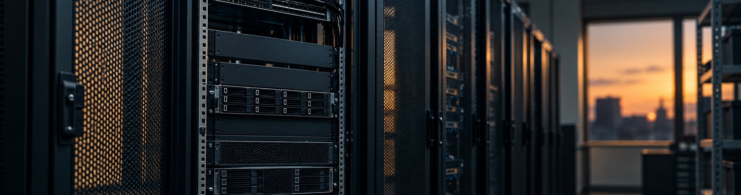 Ряд серверных стоек со стоечными серверами и системой хранения данных