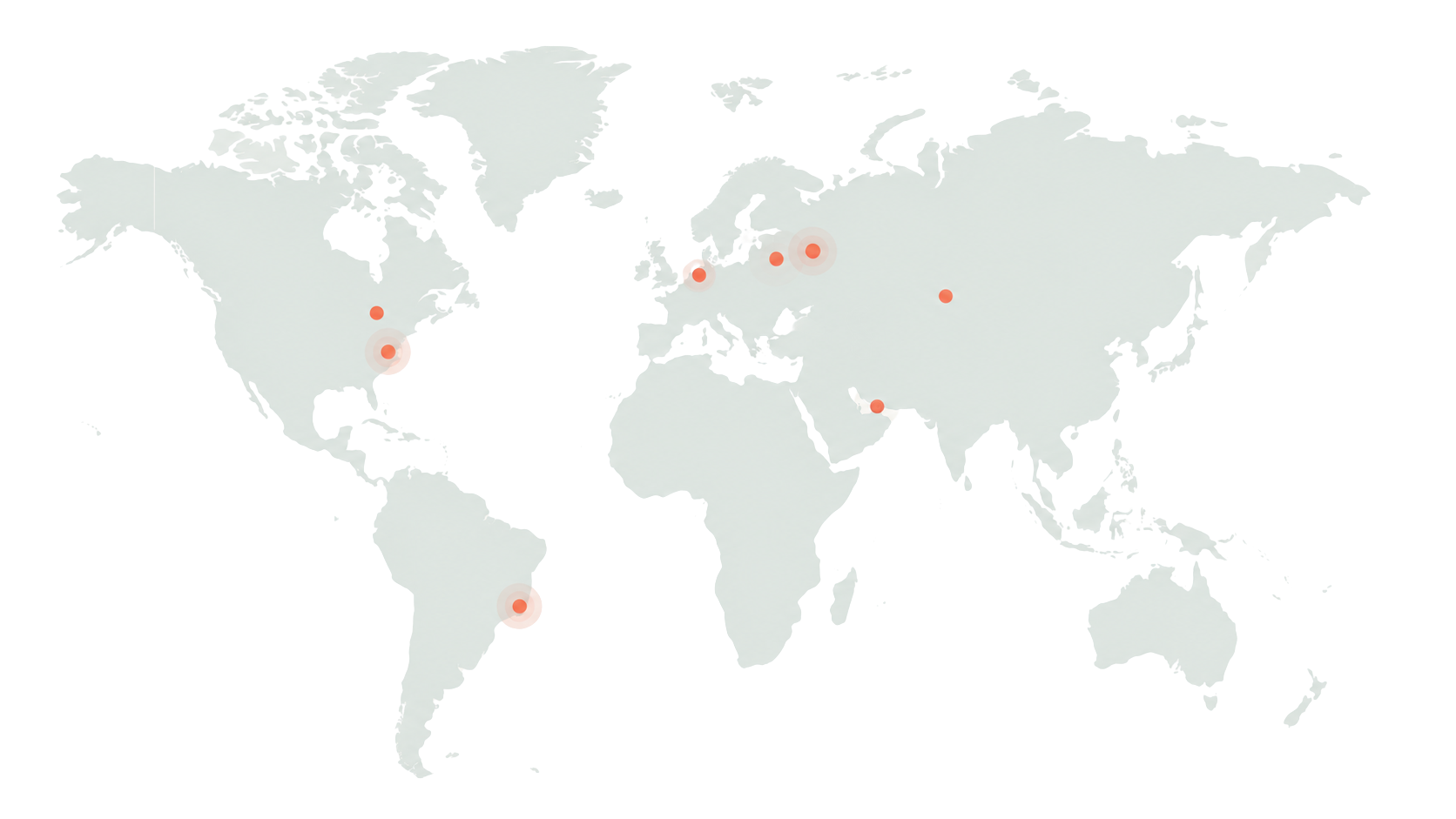 Карта дата-центров CDN: Москва, Минск, Алматы, Амстердам, Дубай, Нью-Джерси, Торонто, Сан-Паулу