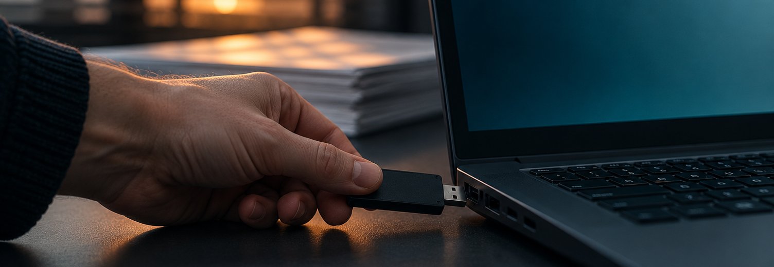 USB-токен защиты вставляют в ноутбук бухгалтерии